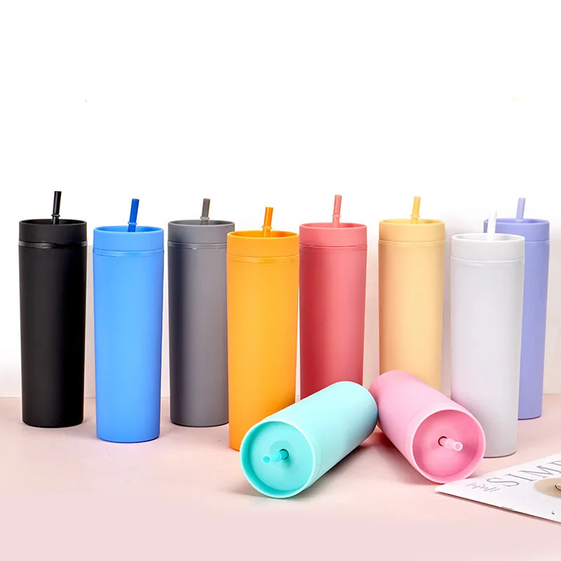 Wholesale Double Wall  Plastic Cups Large Capacity Straight Tube Water Bottle with Straw Cold Drinks Portable