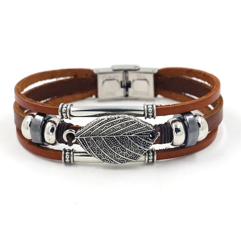 Bohemian Style Alloy Leaf Layered Beaded Leather Bracelet for Men