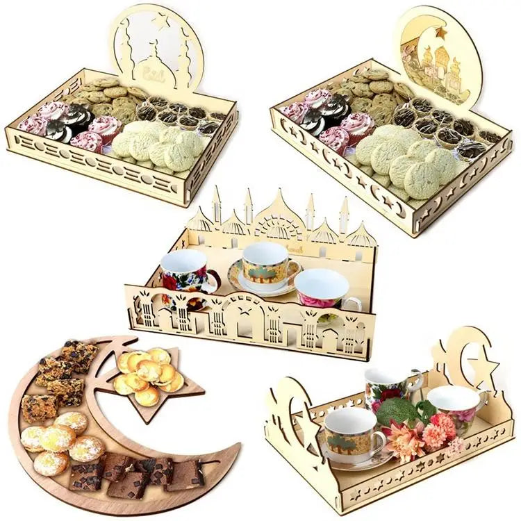 Wooden Eid Mubarak Food Tray Ramadan Decoration for Muslim Party Decor