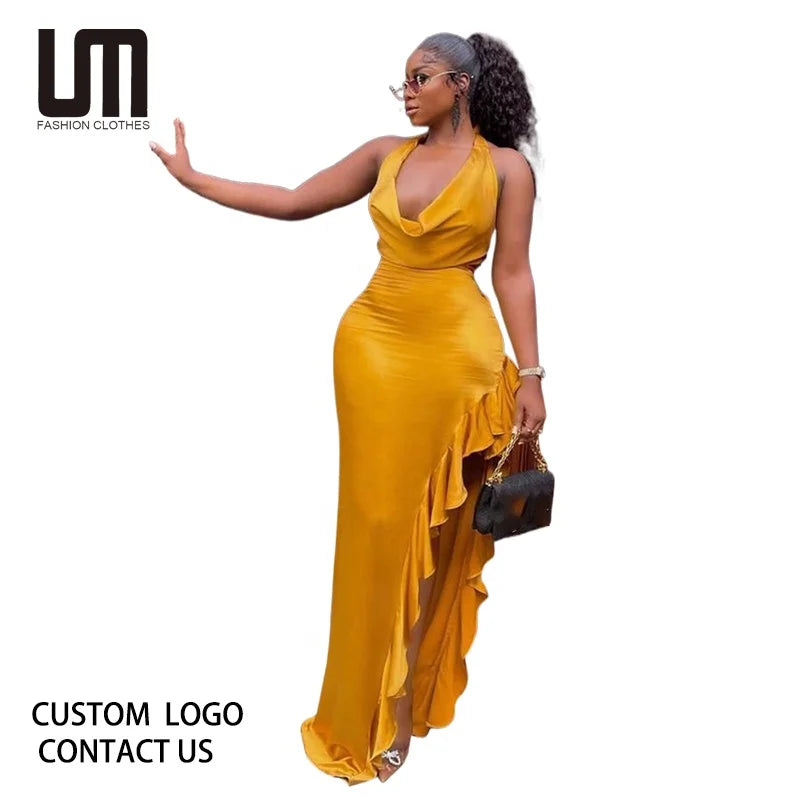 Liu Ming March Expo New Women Y2K Party Festival Sleeveless Backless Ruffles Sexy Slim Maxi Dress