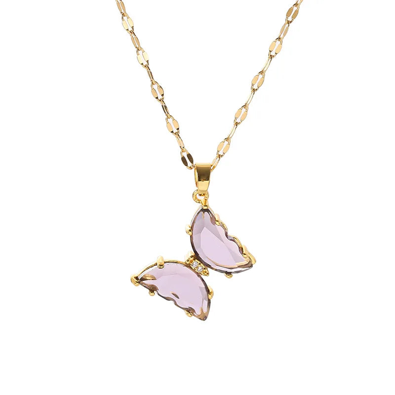 Bling Bling 18K Gold Plated Stainless Steel Necklace with Butterfly Pendant Diamond Crystal Stone Trendy Link Chain for Women