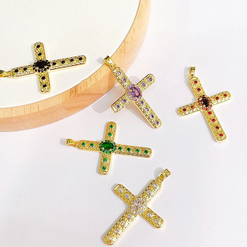 Diy Punk Jewelry Quality Copper Gold Plated Zirconia Accessories Unique Geometric Cross Necklace Pendant for Jewelry Making