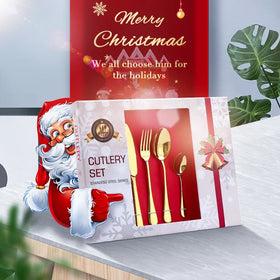 Luxury Christmas Flatware Set Knife Spoon Fork Gold Cutlery Set 24pcs Stainless Steel with Gift Box