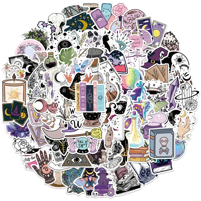 100Pcs Boho Cool Cartoon Witch Stickers for Laptop Water Bottle Guitar PhoneAesthetic Vinyl Waterproof