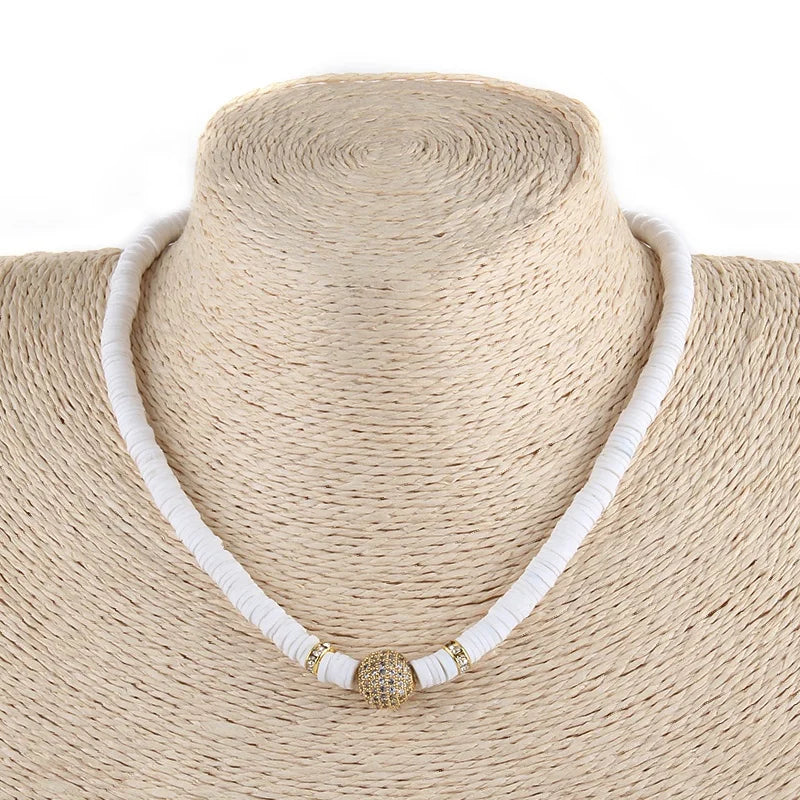 Fashion Women Casual Jewelry Alloy Chain Link Polymer Clay Pieces Shiny Golden Silver Zircon Necklace  Choker Necklaces