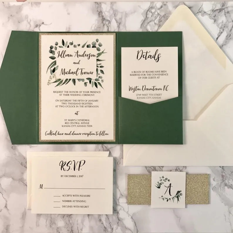 Custom Forest Green Tri-fold Pocket Jacket Wedding Invitations Suite with Gold Glitter Frame Belly Waistband