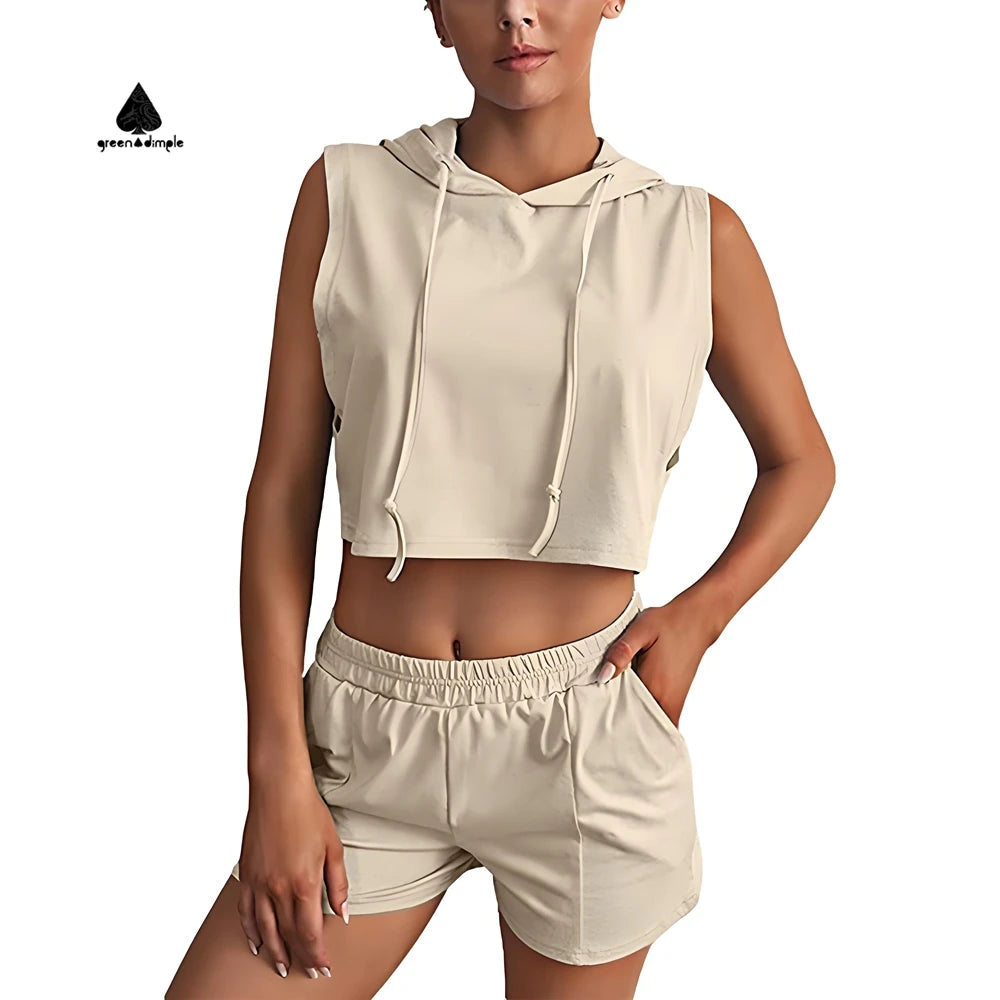 Women's Sleeveless Cropped Hoodie Trendy Solid Color Design Summer Workouts Streetwear Casual Sports Fashion Hoodie