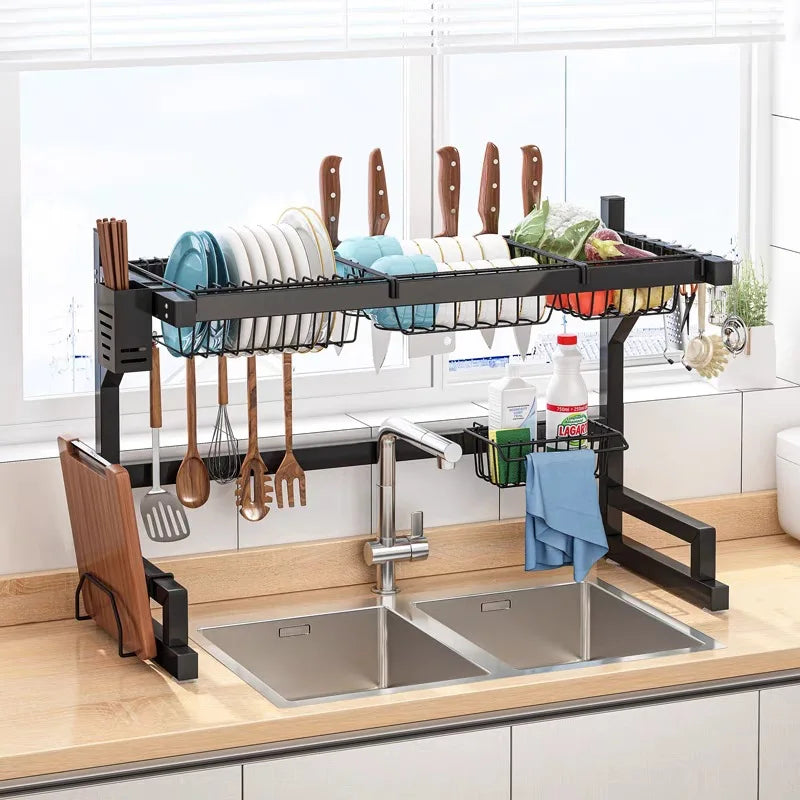 Multi-function Space Saver Dish Rack Black Cheap Over Sink Stainless Steel Kitchen Bowl Knife Storage Shelf