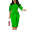 RNSHANGER Fashion Office Ladies Pencil Dress Women Elegant Solid Round Neck Long Sleeve Slim Pleated Pencil Dress for Women