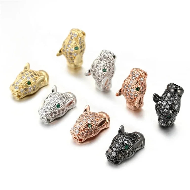 Jinyuan 18K Gold Plated Brass Leopard Cubic Zircon Lion Panther Tiger Head Charm Beads for DIY Bracelet Necklace
