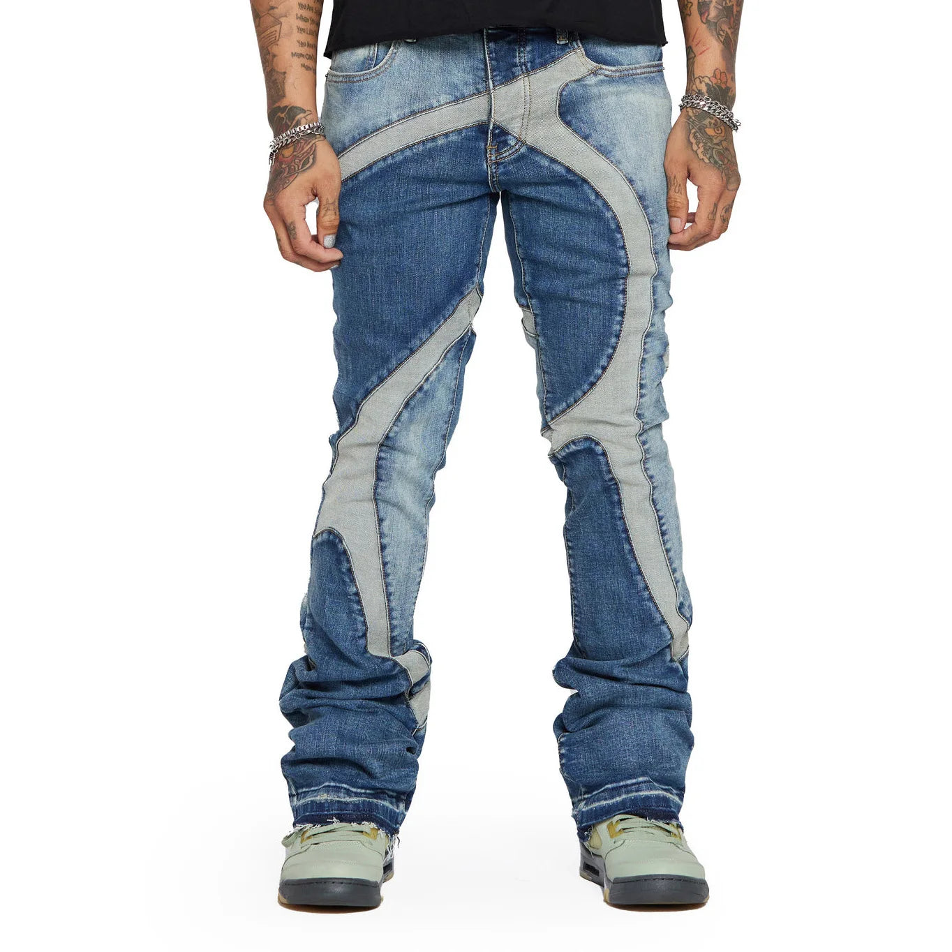 AeeDenim Custom Designers Logo Men Pants Jeans Men's Stacked Patchwork Raw Edges Dark Light Blue Wash Flare Fit Denim Jeans
