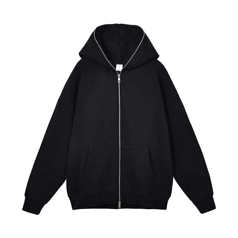 Customized Printed Men Women Solid Lined 100% Cotton Fleece Zip-Up Hooded Sweatshirt Oversized Long-Sleeved Casual Jacket