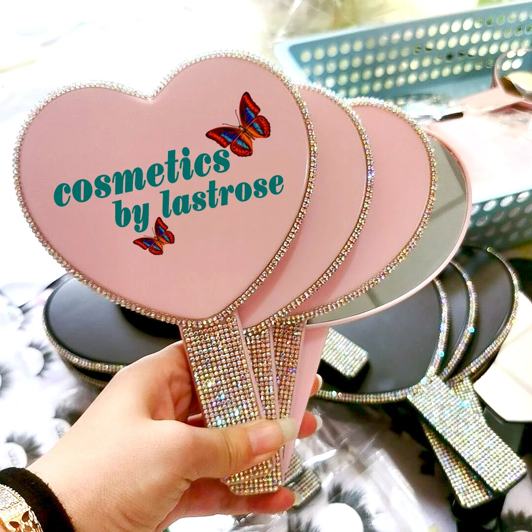 Bling Heart Shaped Mirror Rhinestone Hand Held Mirror Makeup Lash Hand Mirror for Cosmetics
