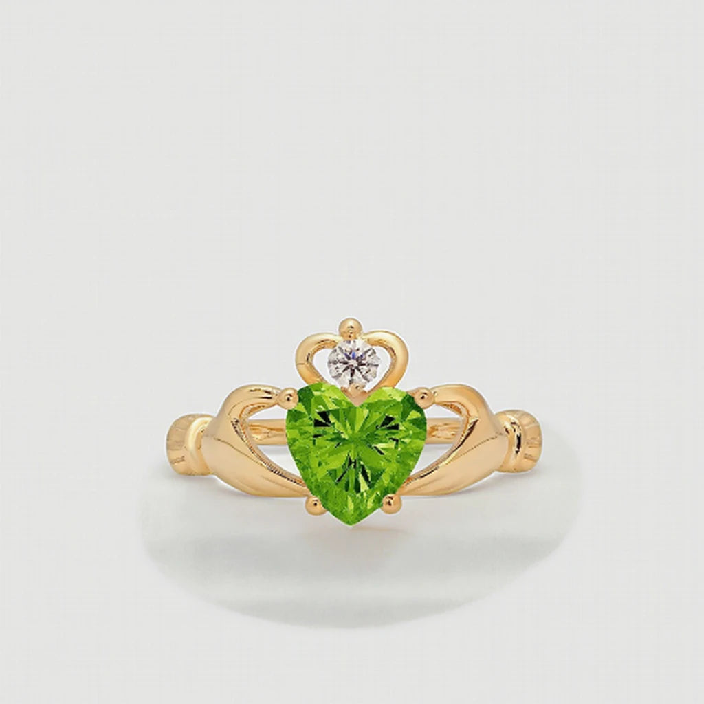 Heart Cut Irish Celtic Claddagh Solitaire Accent Stunning Genuine Flawless Natural Green Peridot Gem Designer Modern Ring