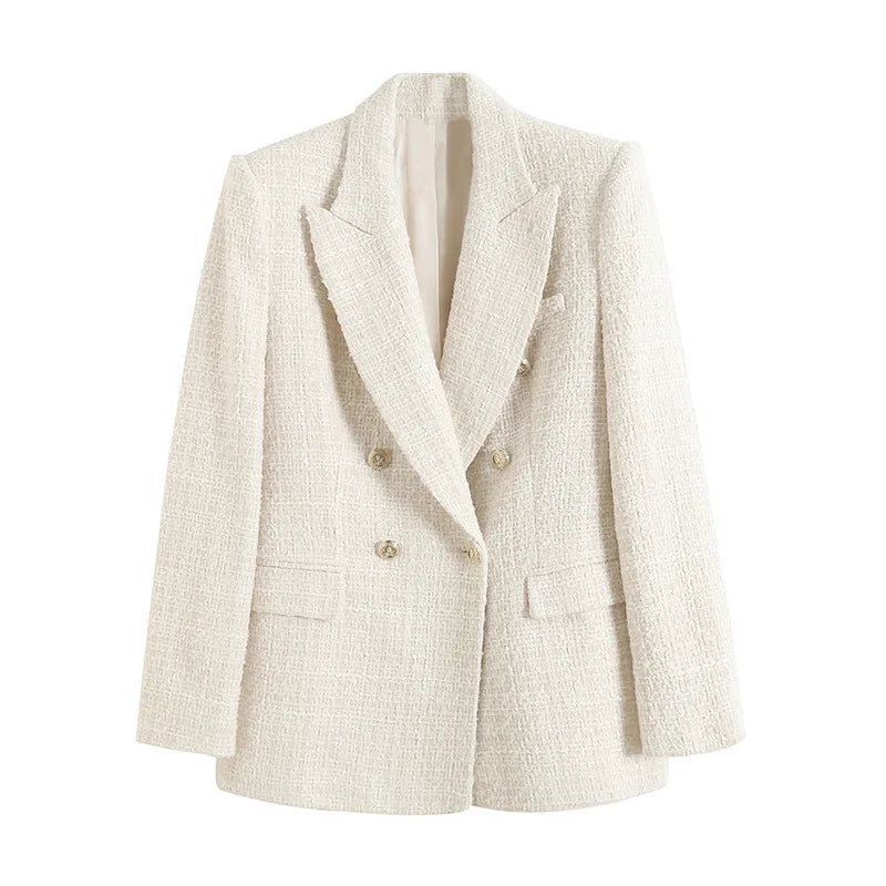 2024 Women's Fashion Double-breasted Tweed Plaid Suit Coat Vintage Long-sleeved Pocket Suit Jacket Coat