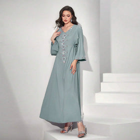 Fashion Turkish Abayas Solid Pure Handwork Diamonds Linen Loose Sleeve Casual Islamic Dresses for Women 2023