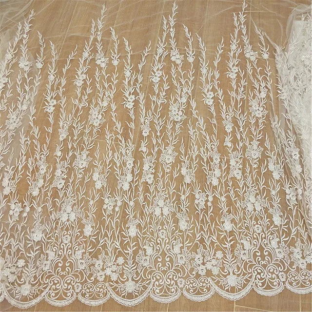 Cheaper French Floral Wedding White Bridal Lace Fabric Tulle Lace Fabric With Sequins