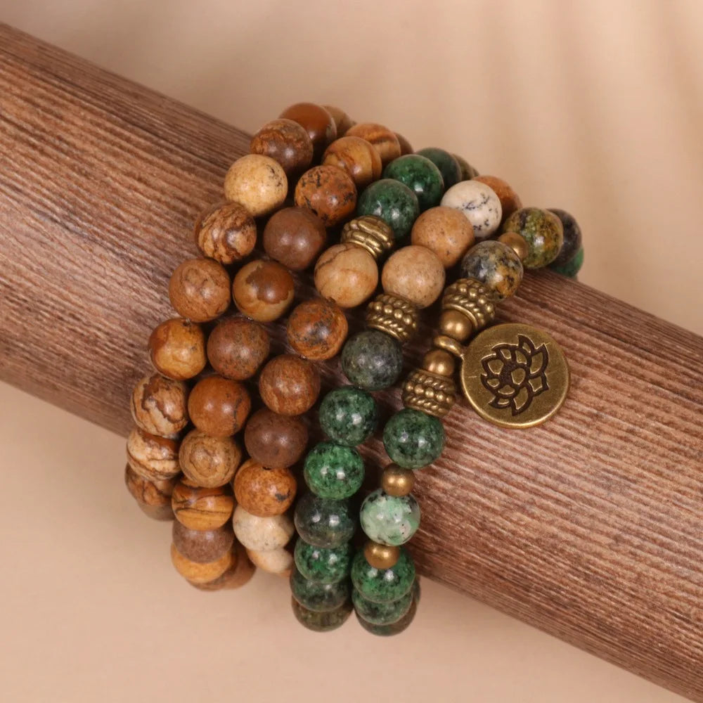 Handmade Natural Picture Jasper African Turquoise Beaded Necklace Healing Energy Lotus Charm Stone Mala Necklace