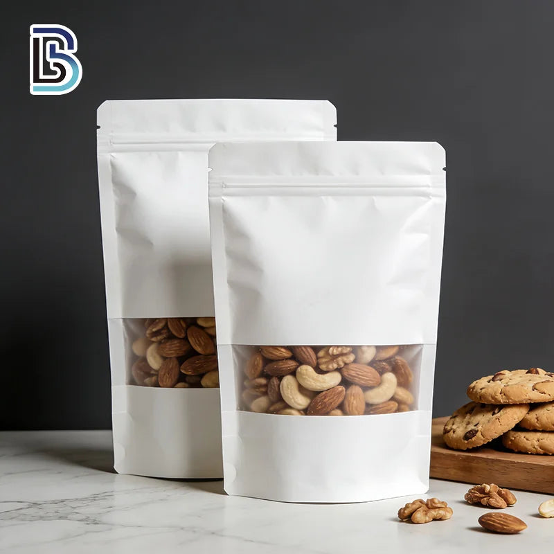 Lebei Packing Eco Friendly Food Packing Kraft Paper Pouch Ziplock Stand up Paper Bag with Zipper and Window for Sugar Tea