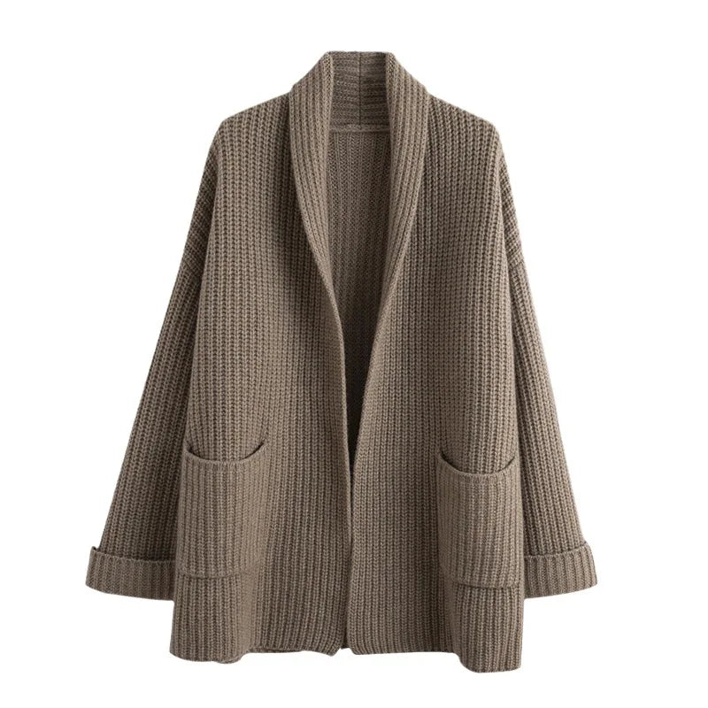 Women's Casual Long-Sleeved Knitted Cardigan Jacket Autumn Winter New Lazy Wind V-Neck Jumper Loose Fit