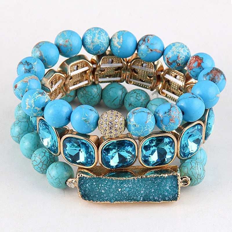 Fashion New Design Sky Blue Shiny Square Bling Crystal Bead Bracelet Natural Agate Stone Rectangle Druzy 3pcs Stack Bracelet Set