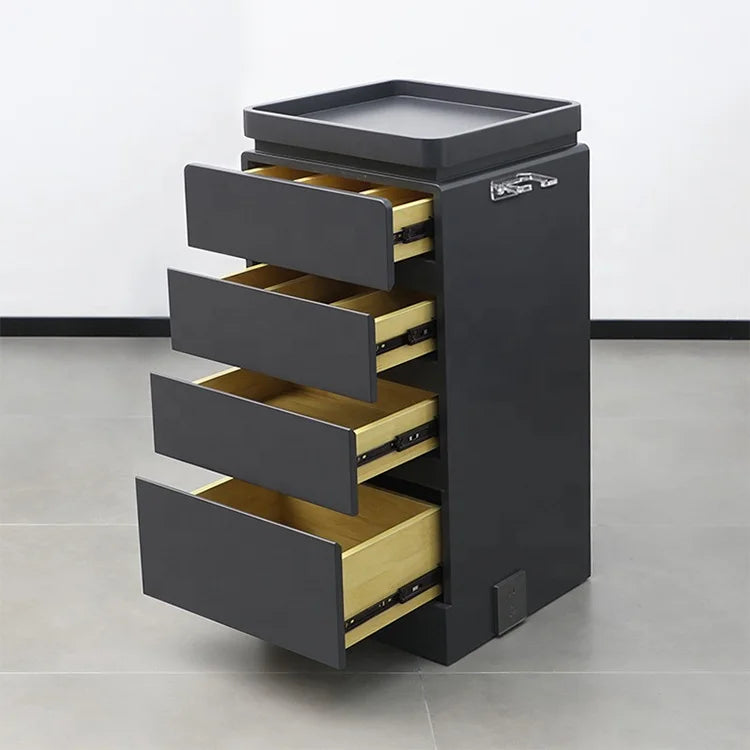 High-end Modern Black Wooden Salon Tool Cart Luxury 4 Tier Beauty Hair Salon Trolley Cart with Drawers