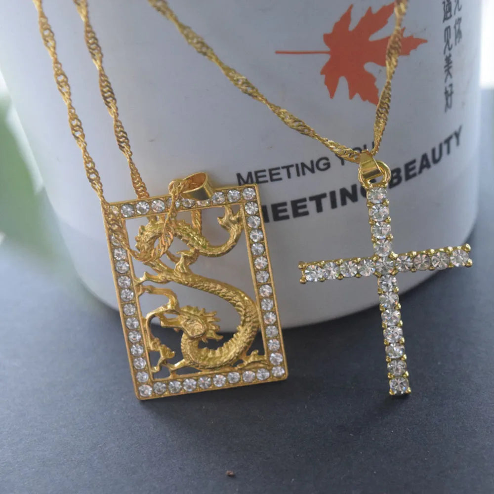 Fashion Alloy Gold Plated Dragon and Cross Pendant Necklace Jewelry Women