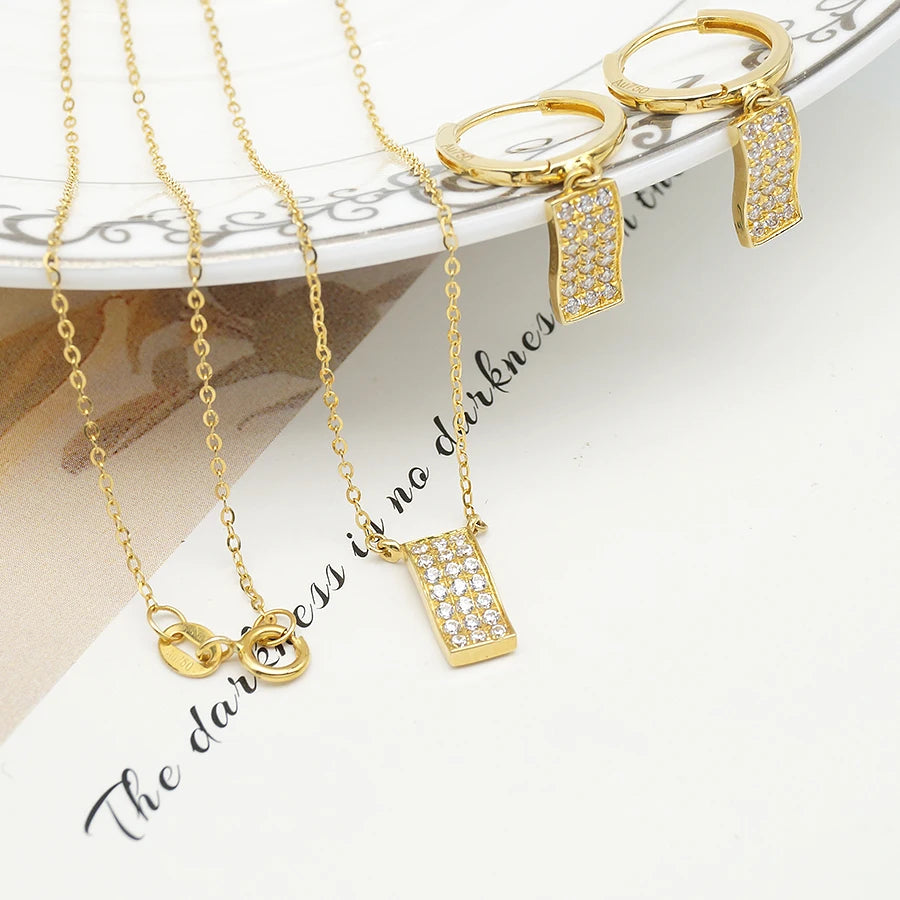 Fashion Real Solid Gold Jewelry Sets Necklace Stud Earring with CZ Stones AU750 18k Gold Chain Necklaces