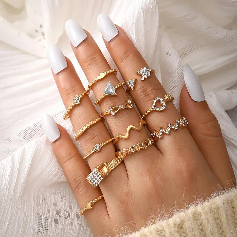 Hot Selling 9pcs/set Jewelry Knuckle Ring Gold Plated Flower Leaf Rings Retro Stacking Rose Star Moon Bohemian Ring