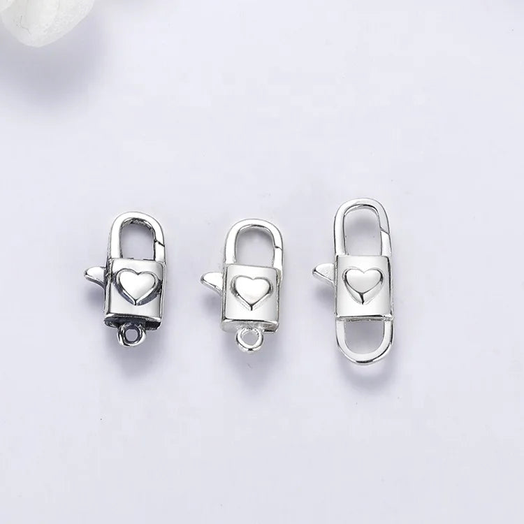 925 Sterling Silver Heart Shape Pad Lock Lobster Clasps Double Eye Padlock Connectors Clasp for Bracelet Jewelry Making