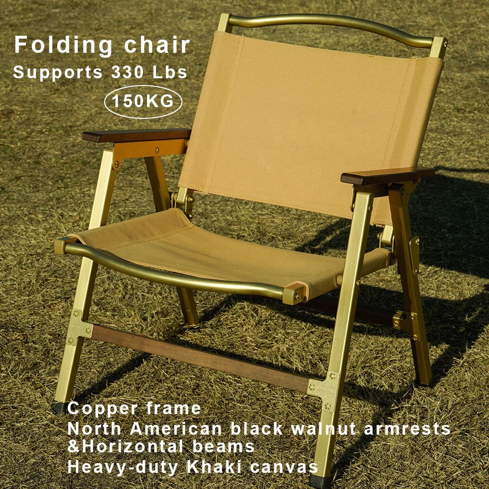 JIFENG Outdoors French Design Foldable Brass Frame North American Black Walnut Armrests Heavy-Duty Khaki Canvas Folding Chair