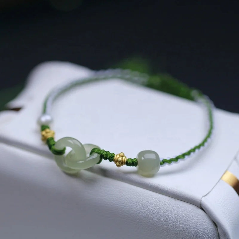 Hetian Jade Safety Buckle Bracelet Female Red Rope Woven Hand Rope Pearl Peace Good Luck Pearl Bracelet Girl