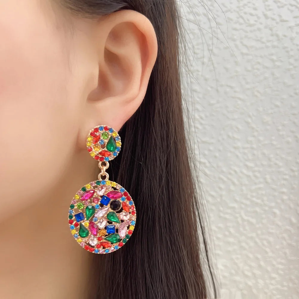 BOXUAN New Vintage Style Gold-Plated Zinc Alloy Chandelier Earrings Multi-Color Geometric Stones Rainbow Statement Fashionable