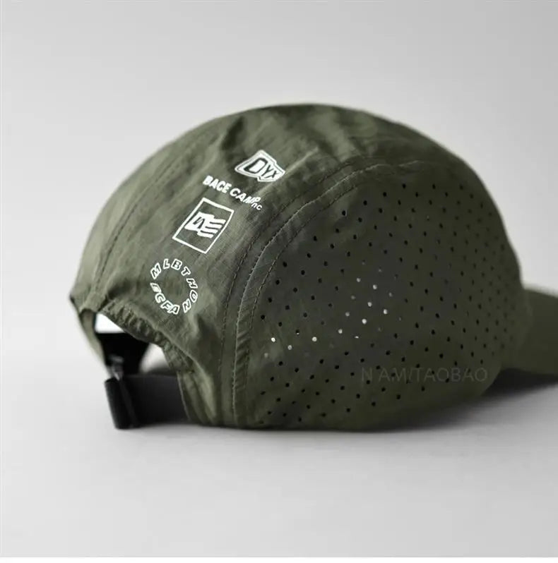 Wholesale Custom Logo Perforated Mesh 5 Panel Sport Running Outdoor Hat Laser Cut Lightweight Short Brim Nylon Camp Cap