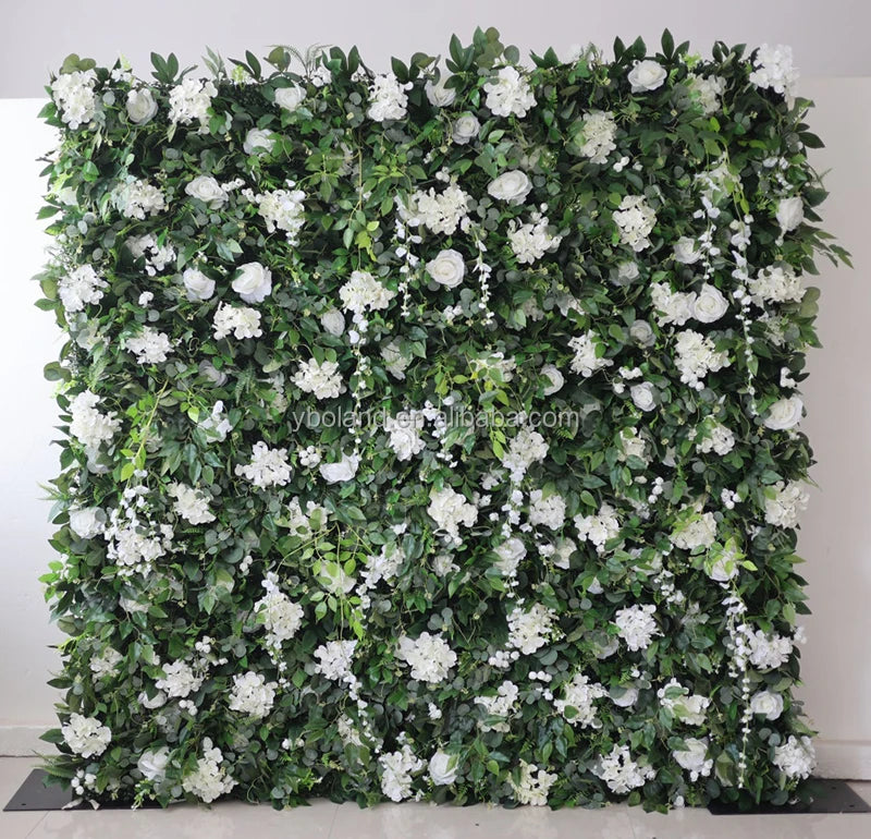 S23 Wedding Decor Greenery Fake Plant Leaf Floral Wall Backdrop Panel 3D Roll up Green White Artificial Silk Flower Wall of Rose