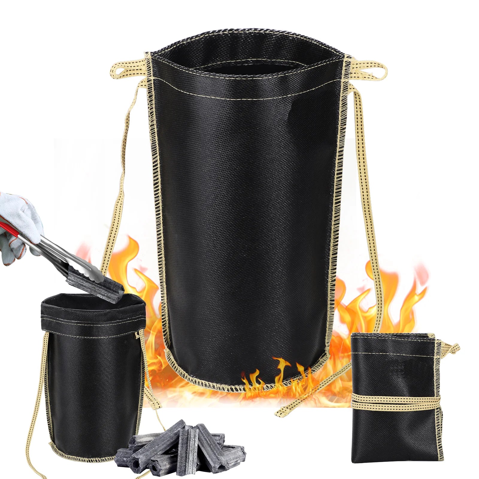 Non-Stick BBQ Grill Bag Fire-resistant Bag with Portable Rope for Rest Black Charcoal Storage Bag