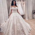 13831# Luxury Ball Gown Appliques Wedding Dress Princess Tulle Cap Sleeve Off Shoulder Bridal Dresses Lace-Up Sweep Train