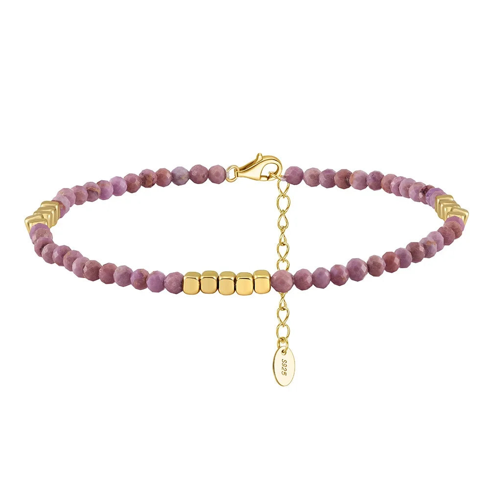 ACME  Adjustable 925 Sterling Silver Ankle Bracelets Beach Foot Bracelet Natural Pink Tourmaline Faceted Round Anklet for Women