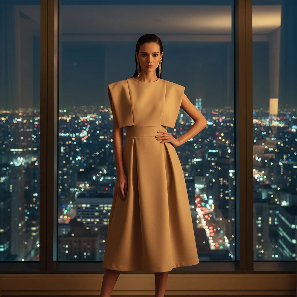 ZYHT 10832 Elegant Temperament Flying Sleeves High Waist Pleated Women Dress Champagne Big Swing a Line Dress