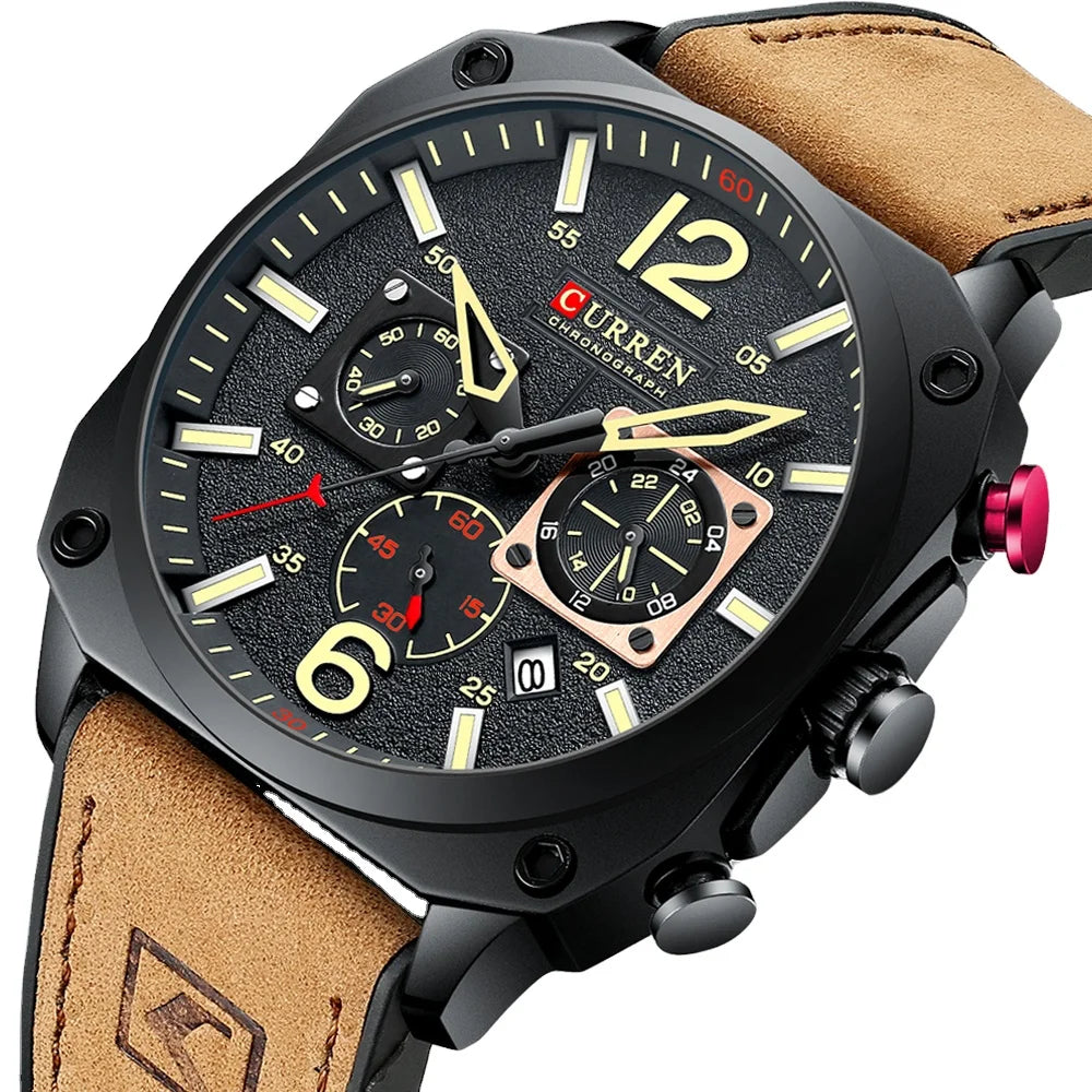 2025 for CURREN 8398 Top New Luxury Men's Quartz Wristwatch Brown Dial Chronograph Luminous Feature Oval Made PC Casual Sports