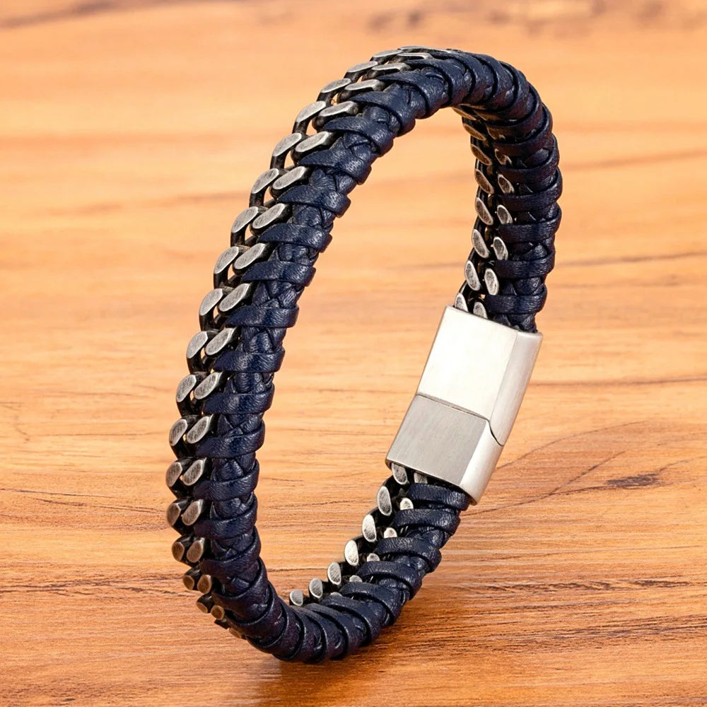 Customized Black Leather Bracelet Men's Accessory Jewelry Stainless Steel Magnetic Clasp Bangle for Men's Gift