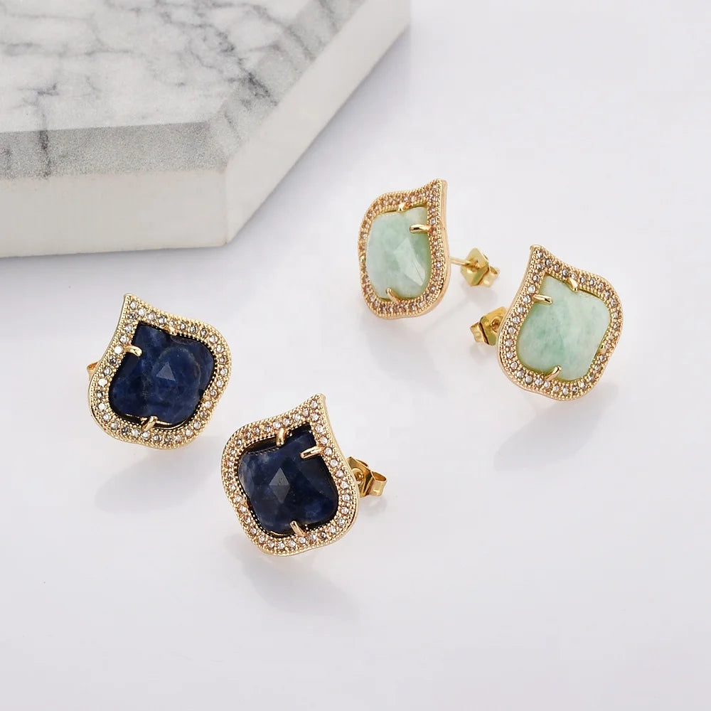WX2145 Gold Plated Lapis Lazuli Amazonite Micro Pave Earrings Luxury Wedding Party Earrings Customized Stone Acceptable