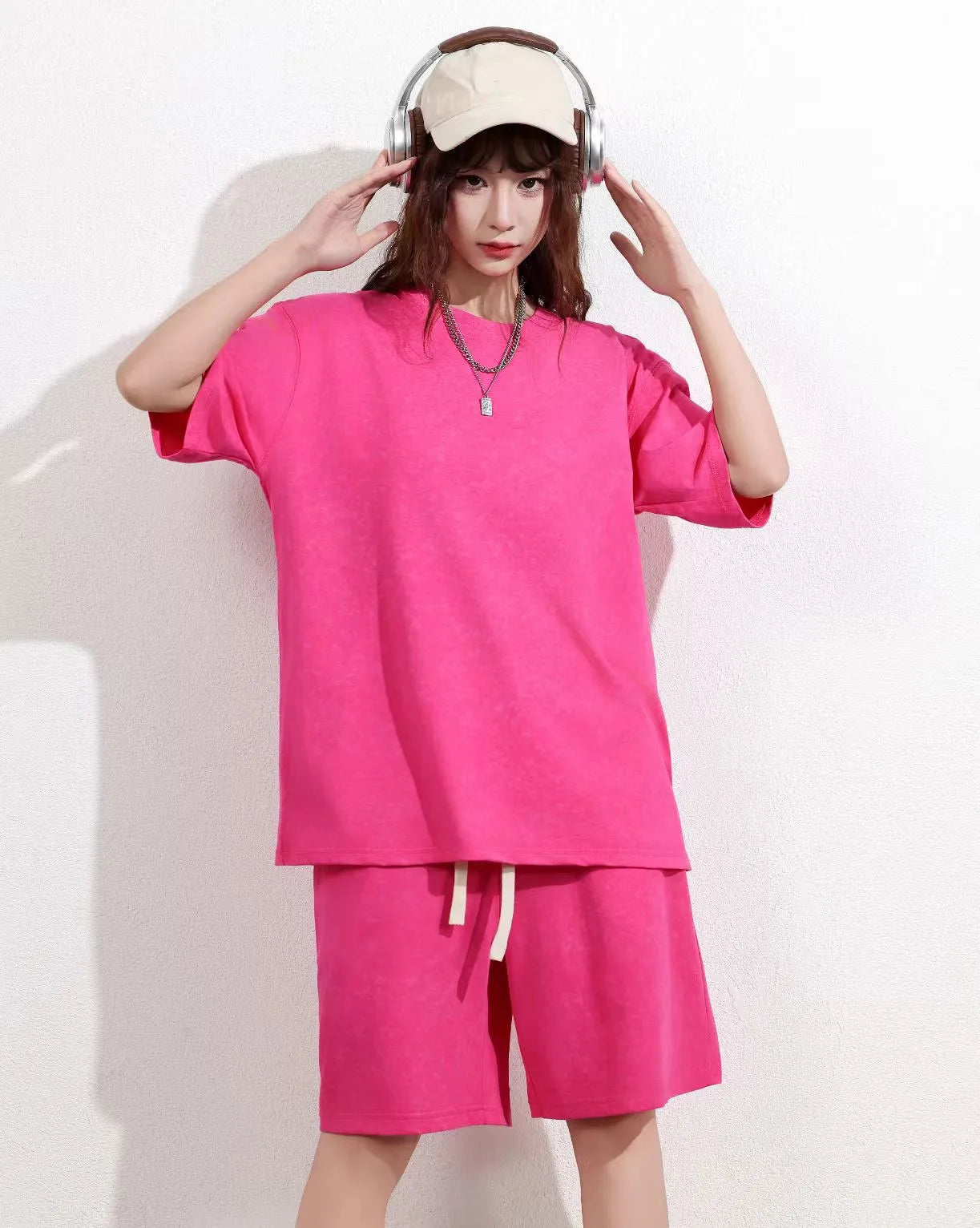 Oversized Short Sleeve 240gsm T-shirt Unisex Women Men Terry Acid Wash Vintage Shorts Sets