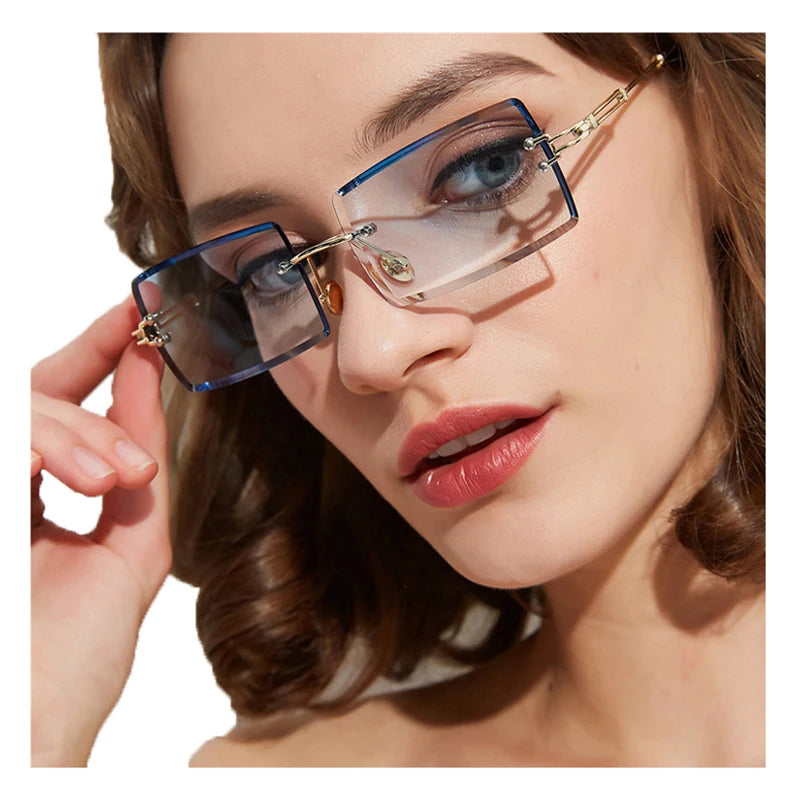 ADE WU STY3468 Fashion Women Square Sunglasses Rectangle Frameless Eyewear Diamond Cutting Rimless Shades Sunglasses