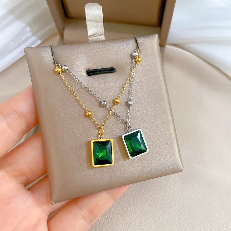Titanium Steel Square Emerald Gemstone Light Luxury Choker Chain Necklace Charm for Women Wedding Engagement Jewelry