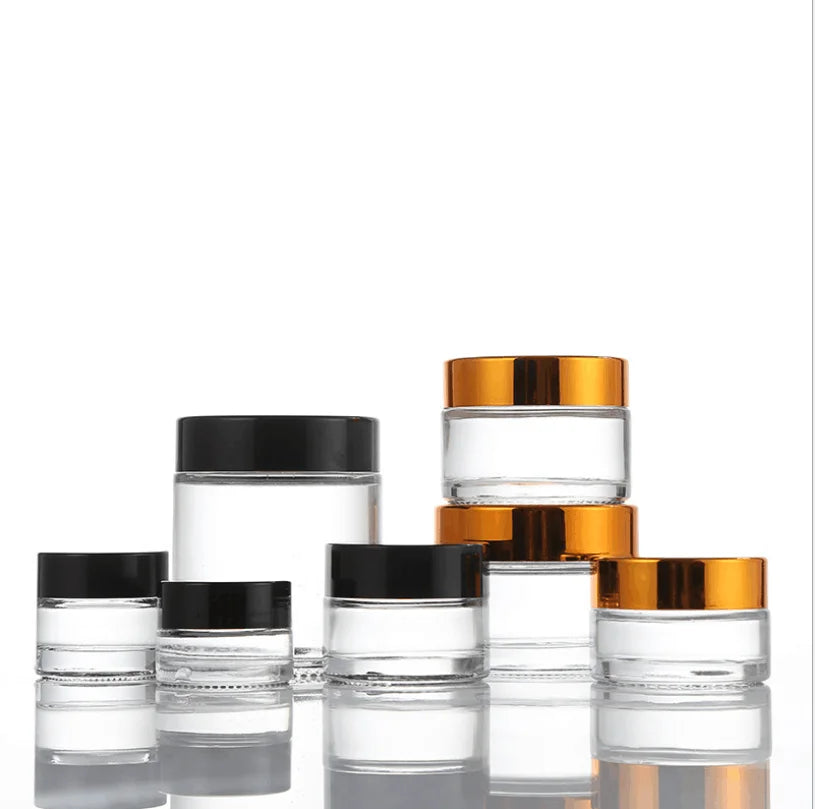 Wholesale Clear Glass Jars for Skin Care & Face Cream 5ml to 100ml Capacities with Black Gold Screw Lid Cosmetic Lotion Jars