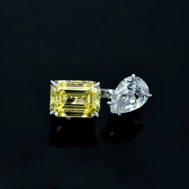 925 Sterling Silver Rhodium Plated Solid Silver Two Stone Engagement Ring Pear Emerald Shape Zircon Open Adjustable Ring