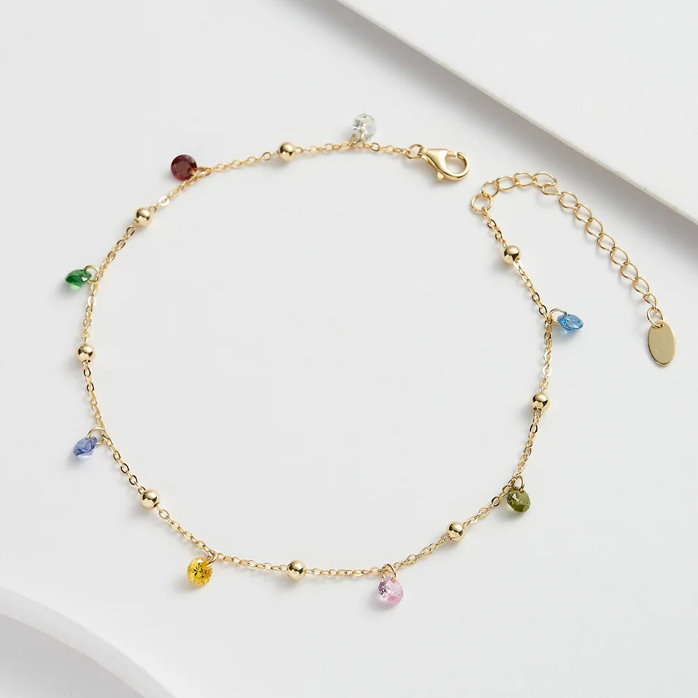 RINNTIN SA93 rainbow Diamond Zircon Colorful Zircon Bracelet Anklet 925 Sterling Silver 14K Gold Plated Beach Anklet