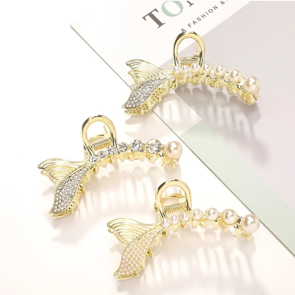 Mermaid Tail Metal Hair Claw Girls Bling Hair Accessories Fashion Gold Hair Clips Rhinestone Pearl Claw Clips Women