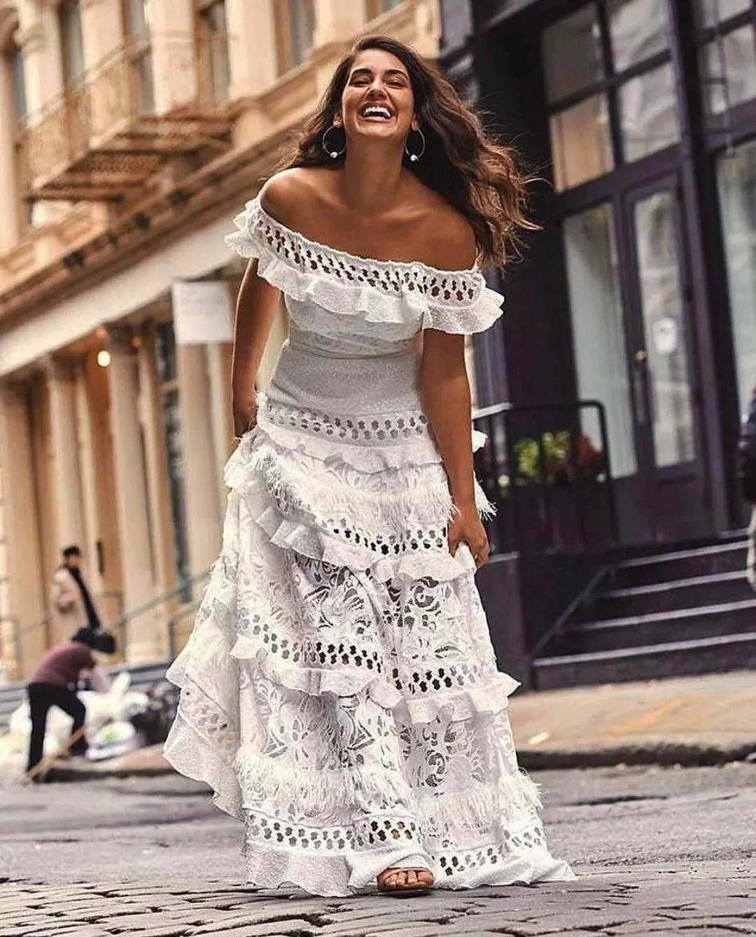 New Coming Boho Maxi Swing Dress Lady Off Shoulder White Lace for Wedding Dress